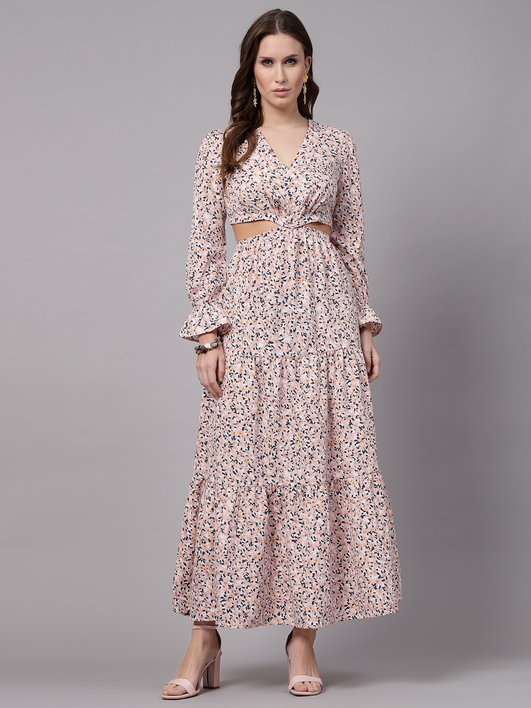 

aayu Floral Printed V-Neck Bell Sleeve Maxi Dress, Peach
