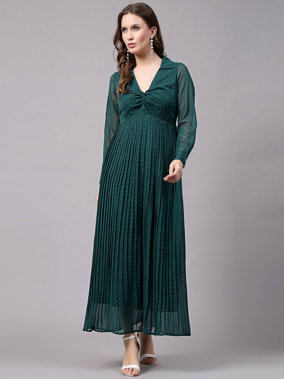 

aayu Printed Shirt Collar Georgette Maxi Dress, Green