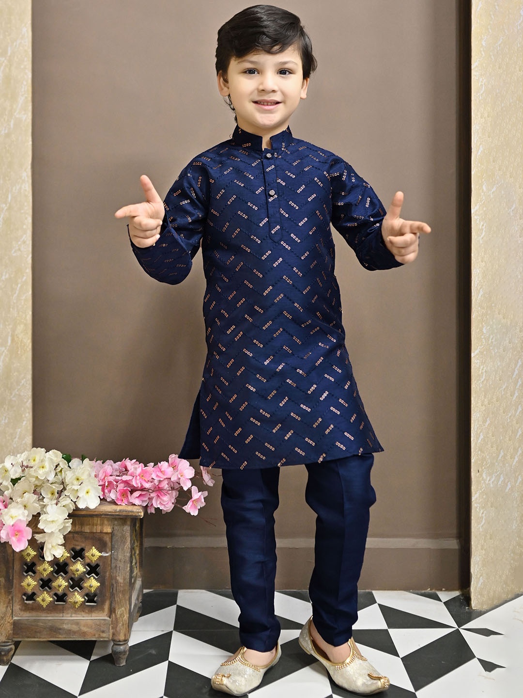 

ahhaaaa Boys Embroidered Regular Sequinned Dupion Silk Kurta with Pyjamas, Navy blue