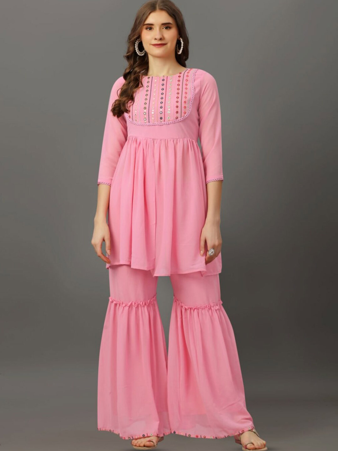 

SIDYAL Yoke Design Regular Mirror Work Kurti with Sharara, Pink