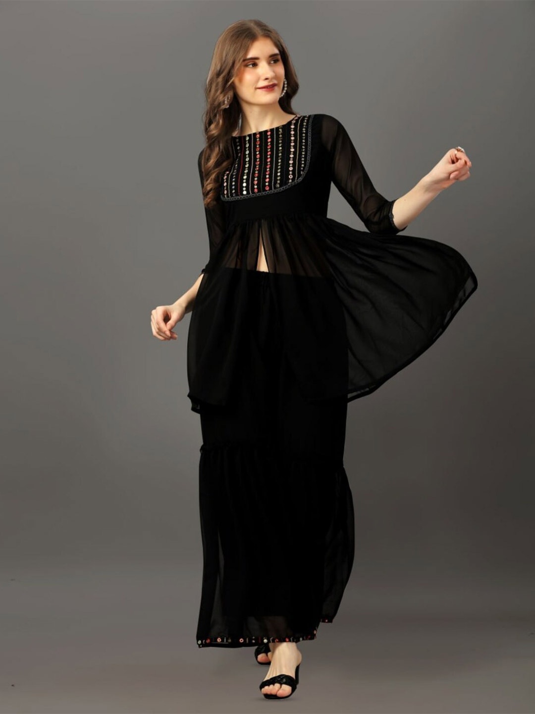 

SIDYAL Black Embroidered Regular Mirror Work Kurti with Sharara