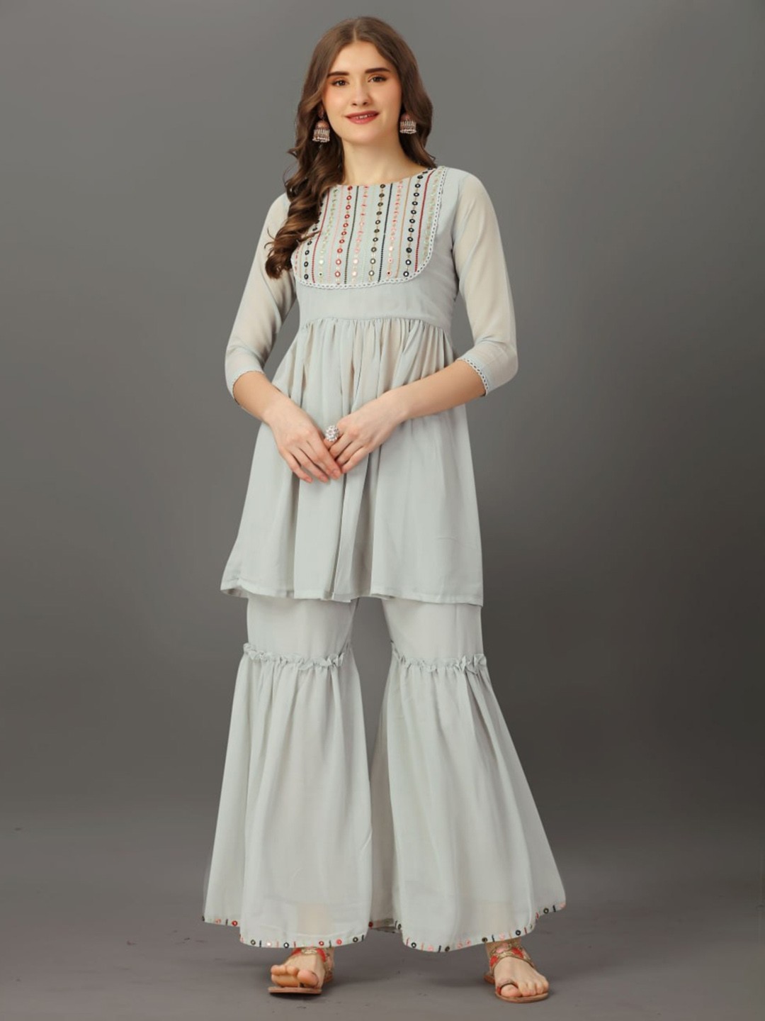 

SIDYAL Embroidered Regular Mirror Work Kurta with Sharara, Grey
