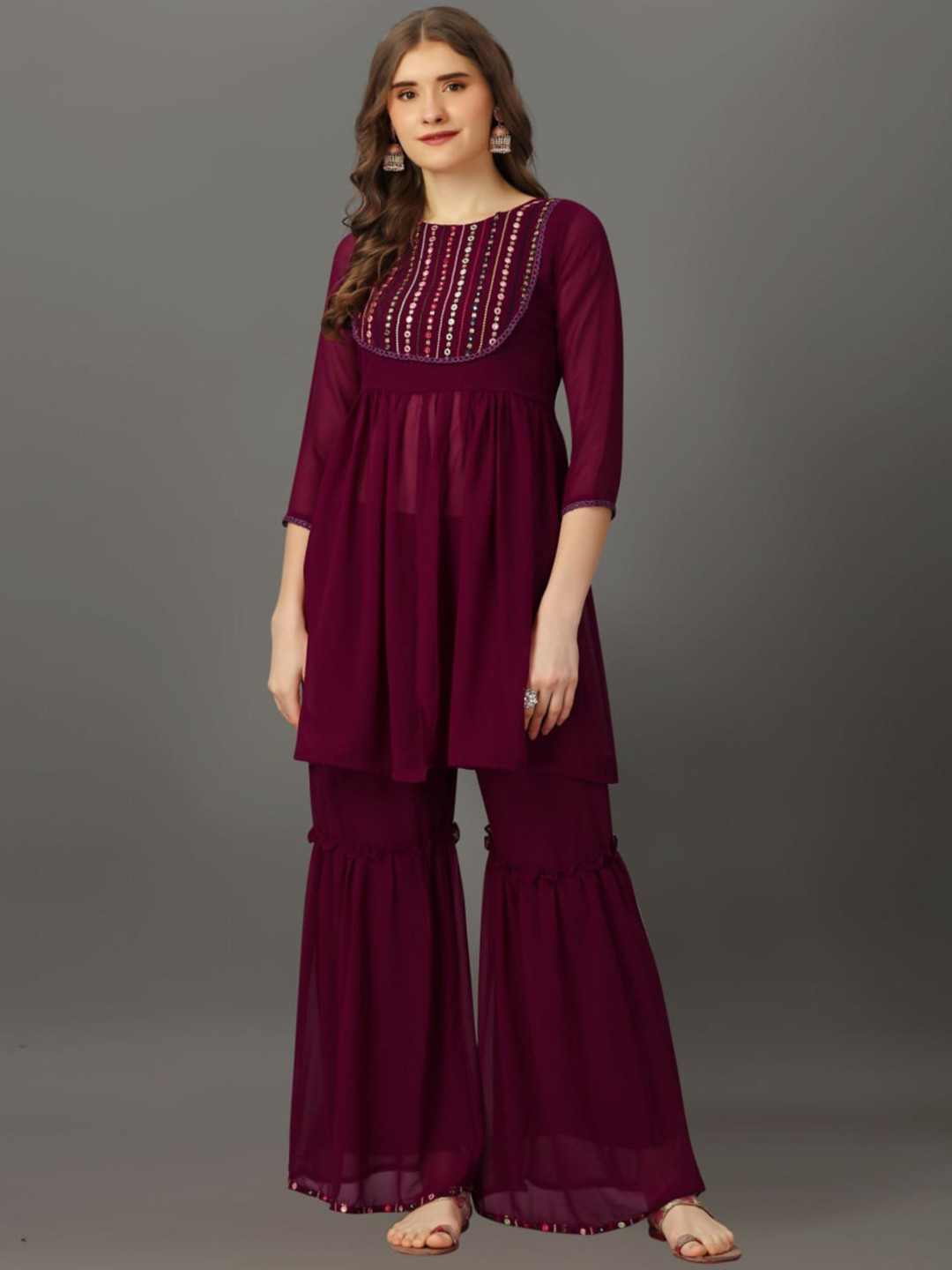 

SIDYAL Embroidered Pleated Mirror Work Georgette Kurta With Sharara, Purple