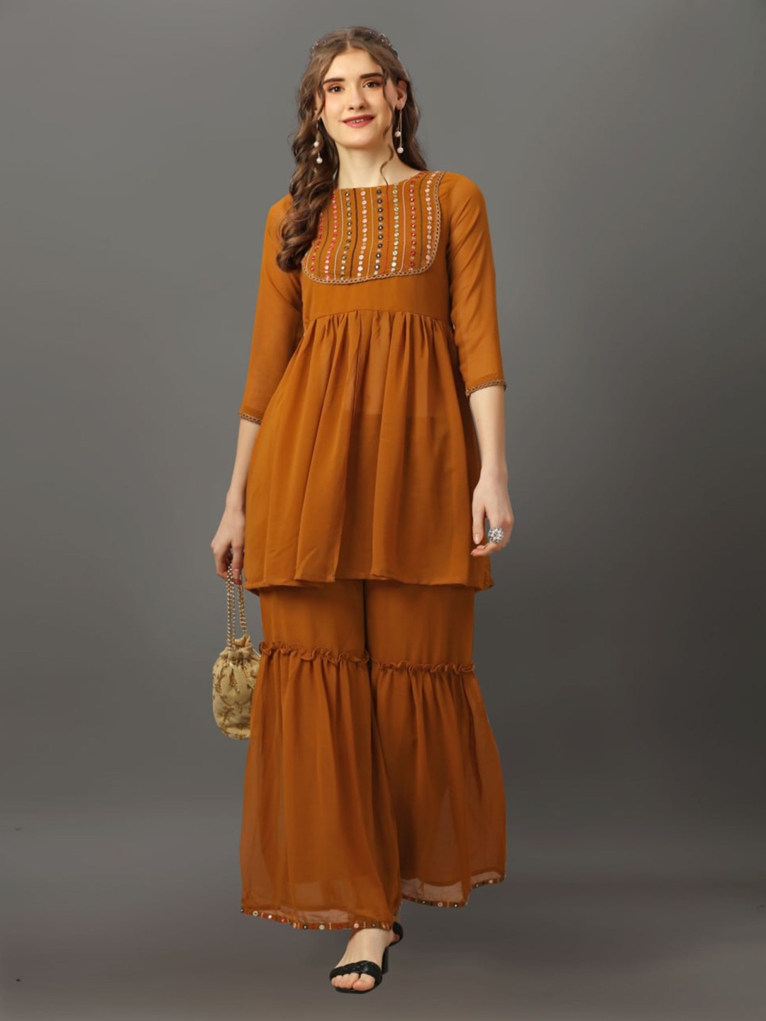 

SIDYAL Floral Embroidered Regular Mirror Work Kurti with Sharara, Rust