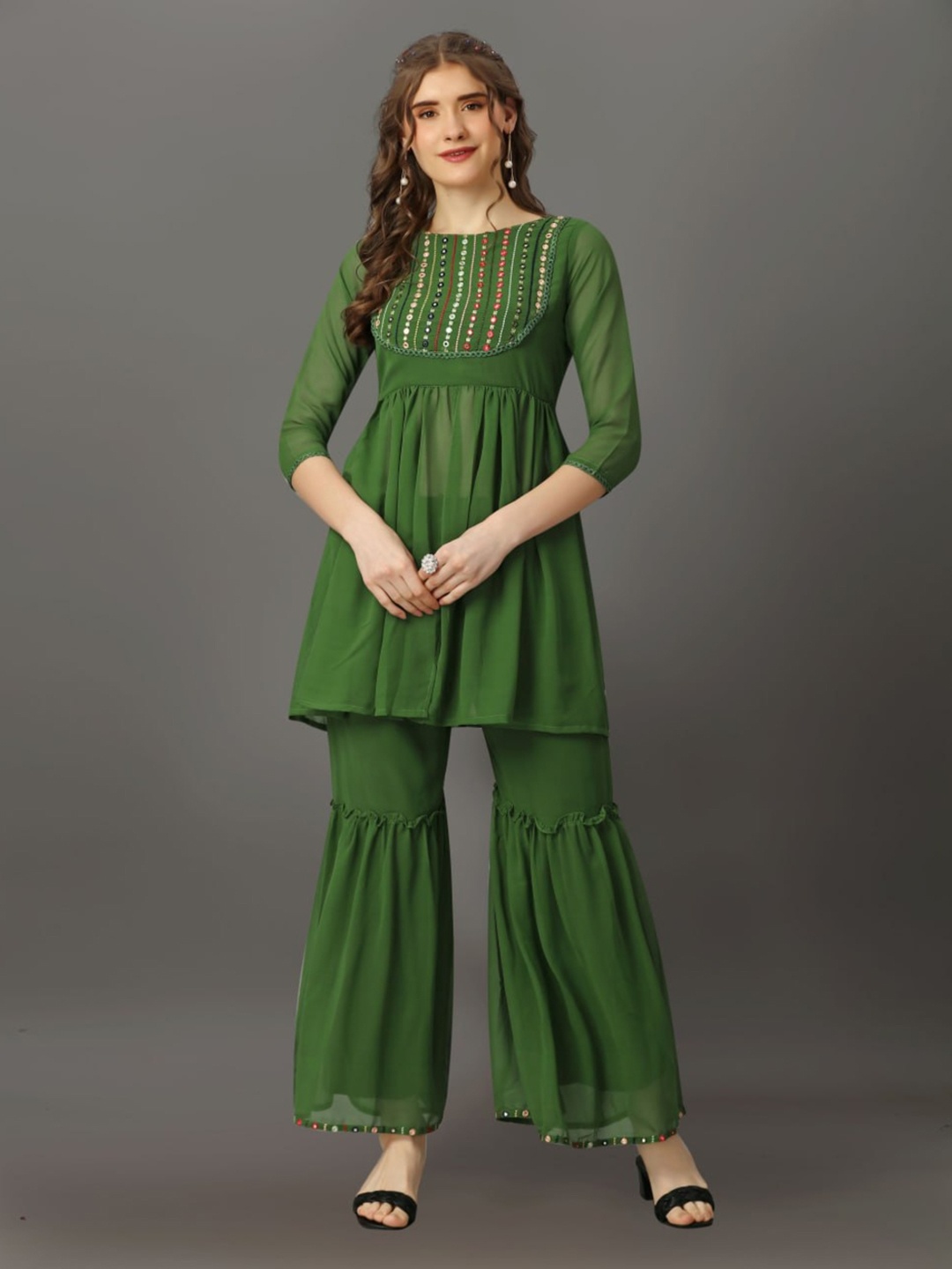 

SIDYAL Embroidered Georgette Regular Mirror Work Straight Kurti with Sharara, Olive