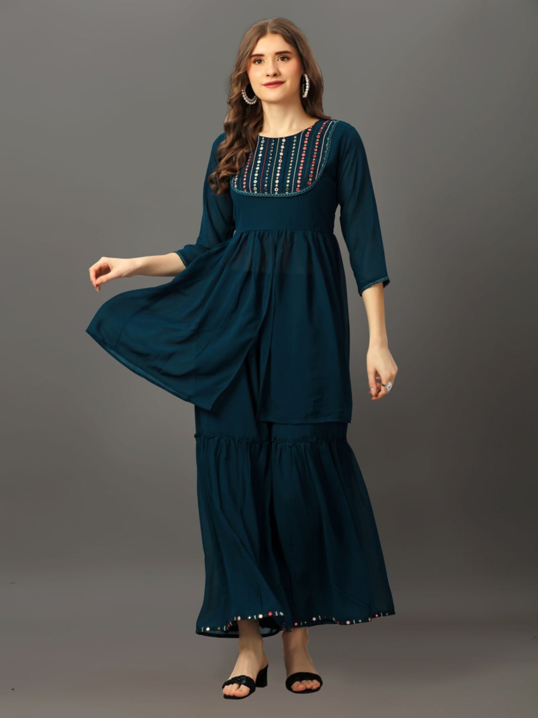 

SIDYAL Yoke Design Regular Mirror Work Kurta with Sharara, Navy blue