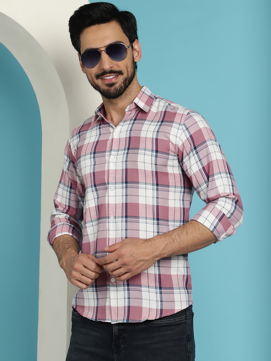 

Indian Needle Classic Tartan Checks Opaque Cotton Casual Shirt, Pink