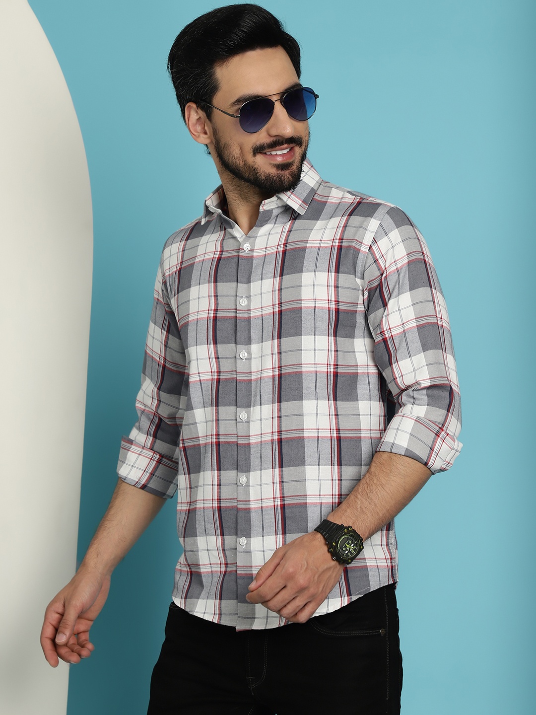 

Indian Needle Classic Tartan Checked Long Sleeves Casual Shirt, Grey