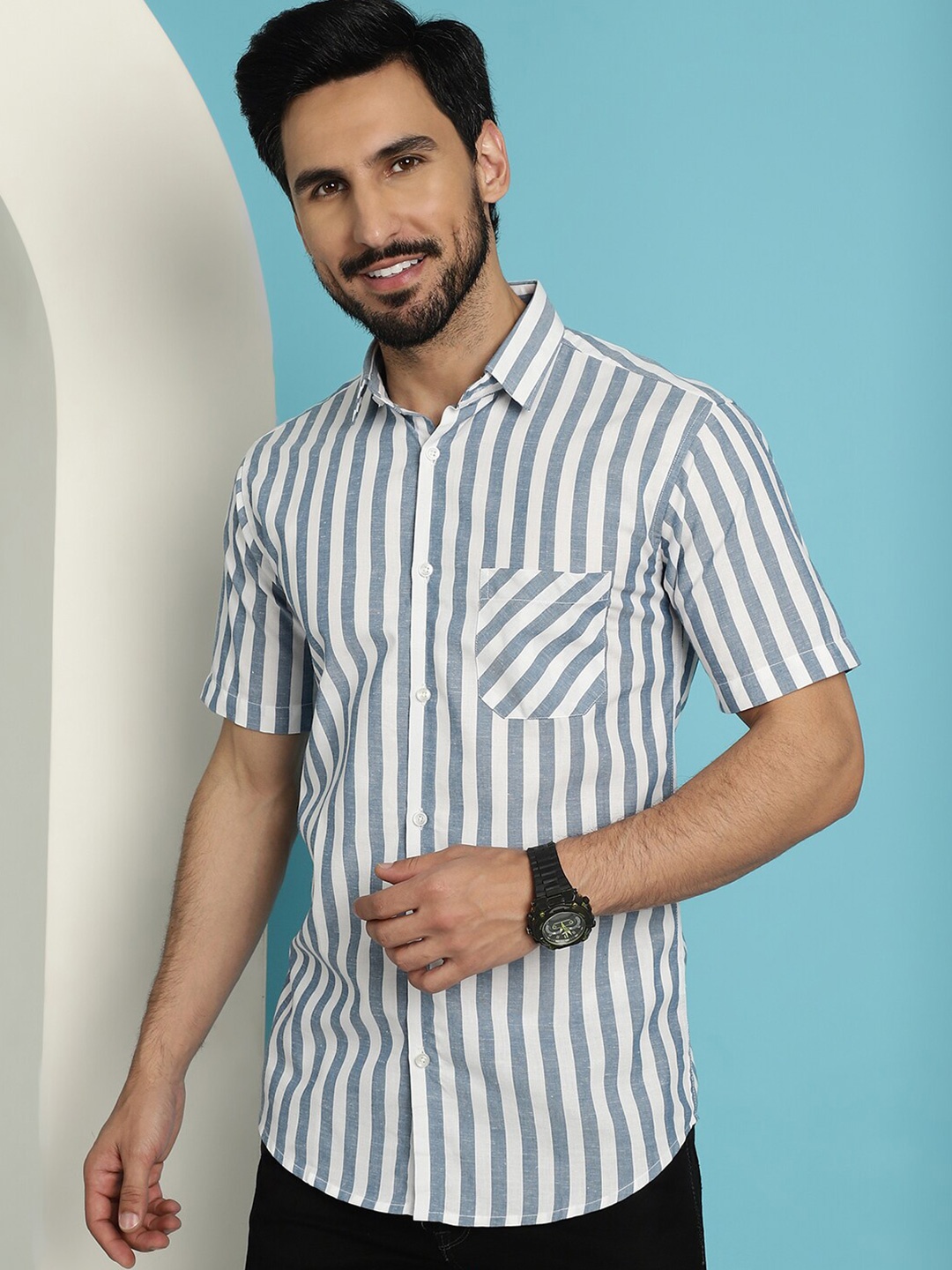 

Indian Needle Classic Striped Spread Collar Cotton Casual Shirt, White