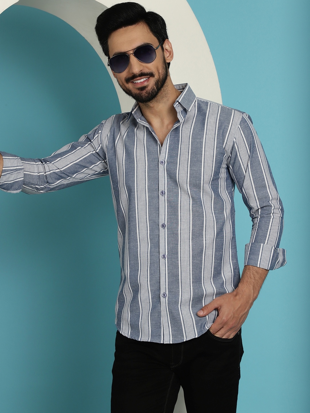 

Indian Needle Classic Vertical Stripes Cotton Casual Shirt, Blue