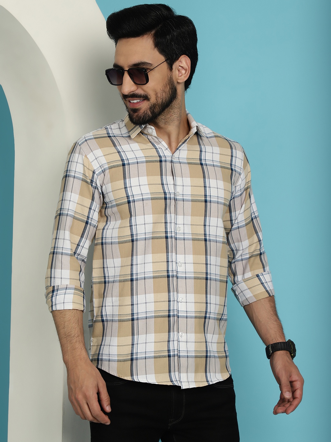

Indian Needle Classic Tartan Checked Printed Spread Collar long Sleeves Formal Shirt, Cream