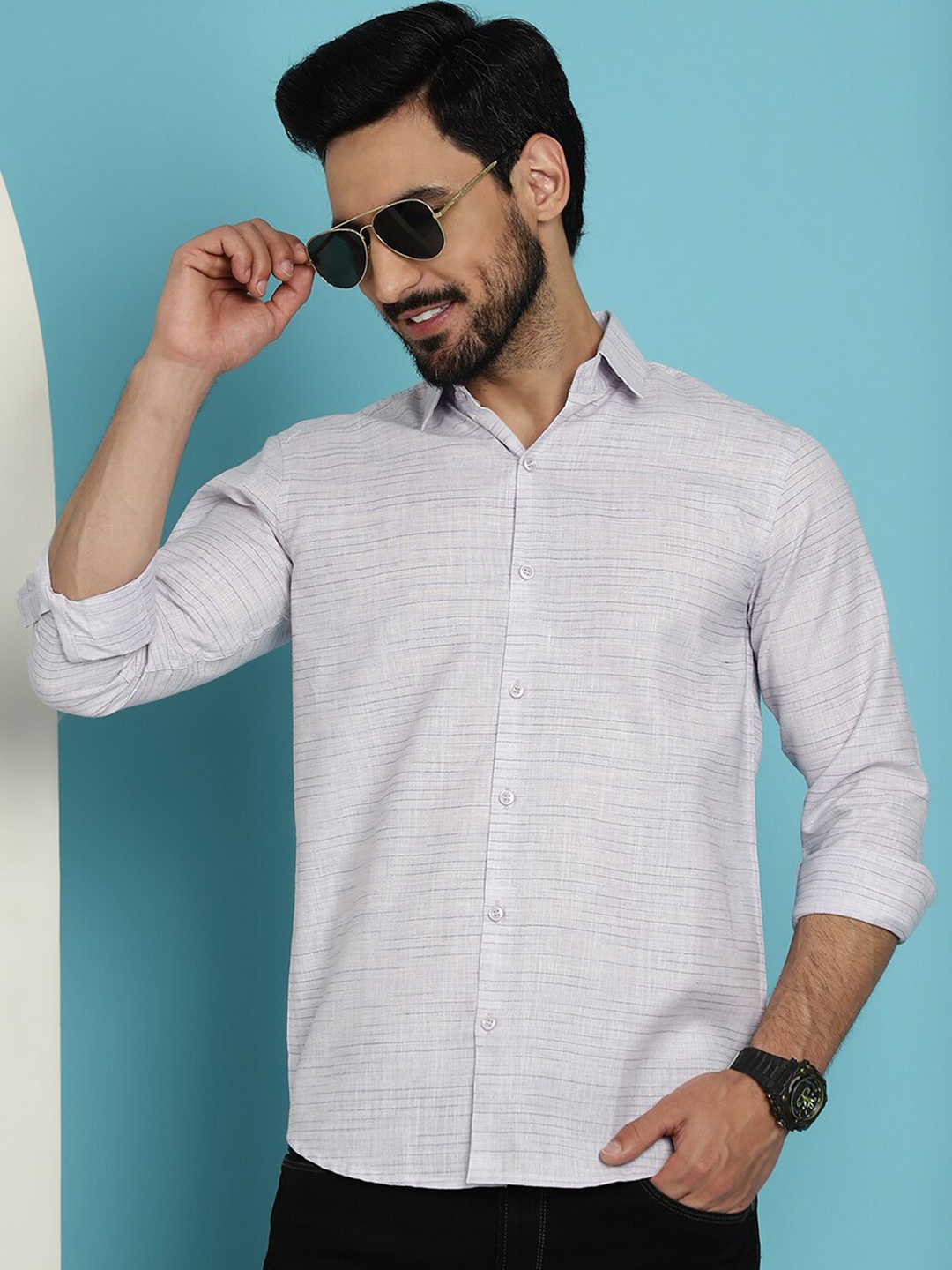 

Indian Needle Classic Self Design Spread Collar Cotton Casual Shirt, Grey