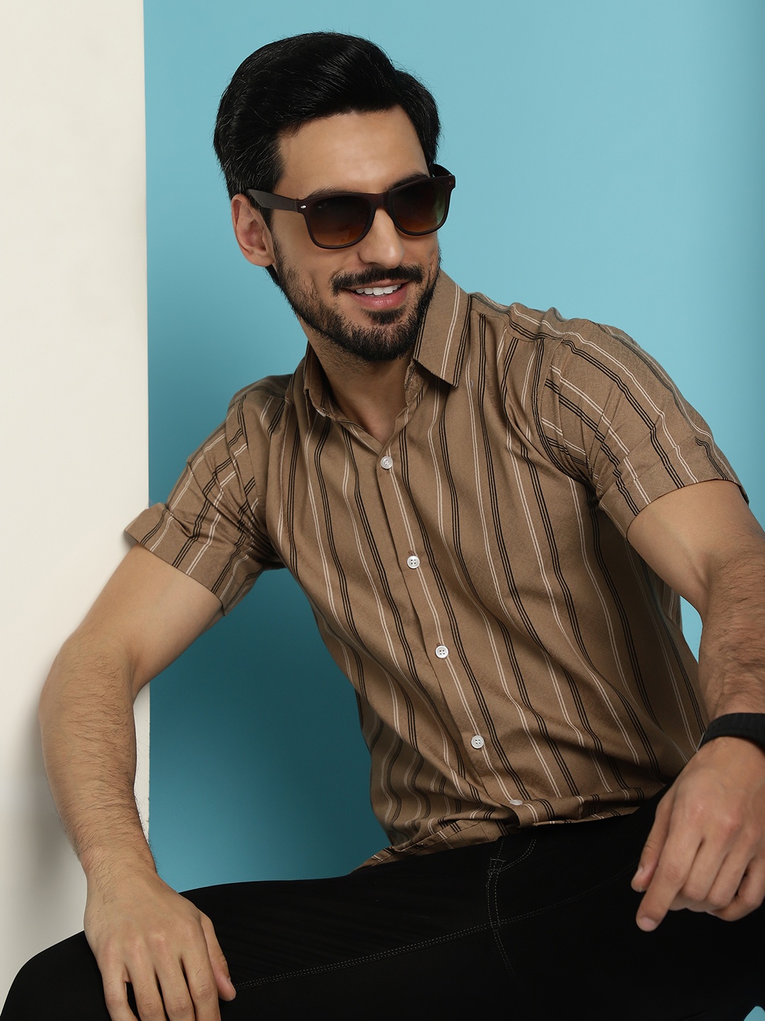 

Indian Needle Classic Tartan Checks Striped Cotton Casual Shirt, Brown