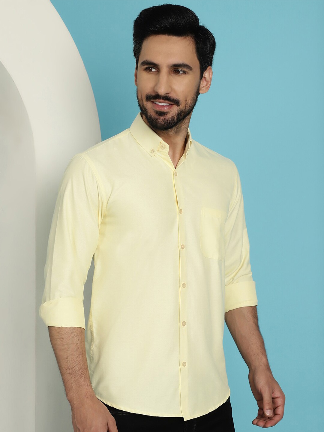 

Indian Needle Button-Down Collar Long Sleeves Cotton Classic Opaque Casual Shirt, Yellow