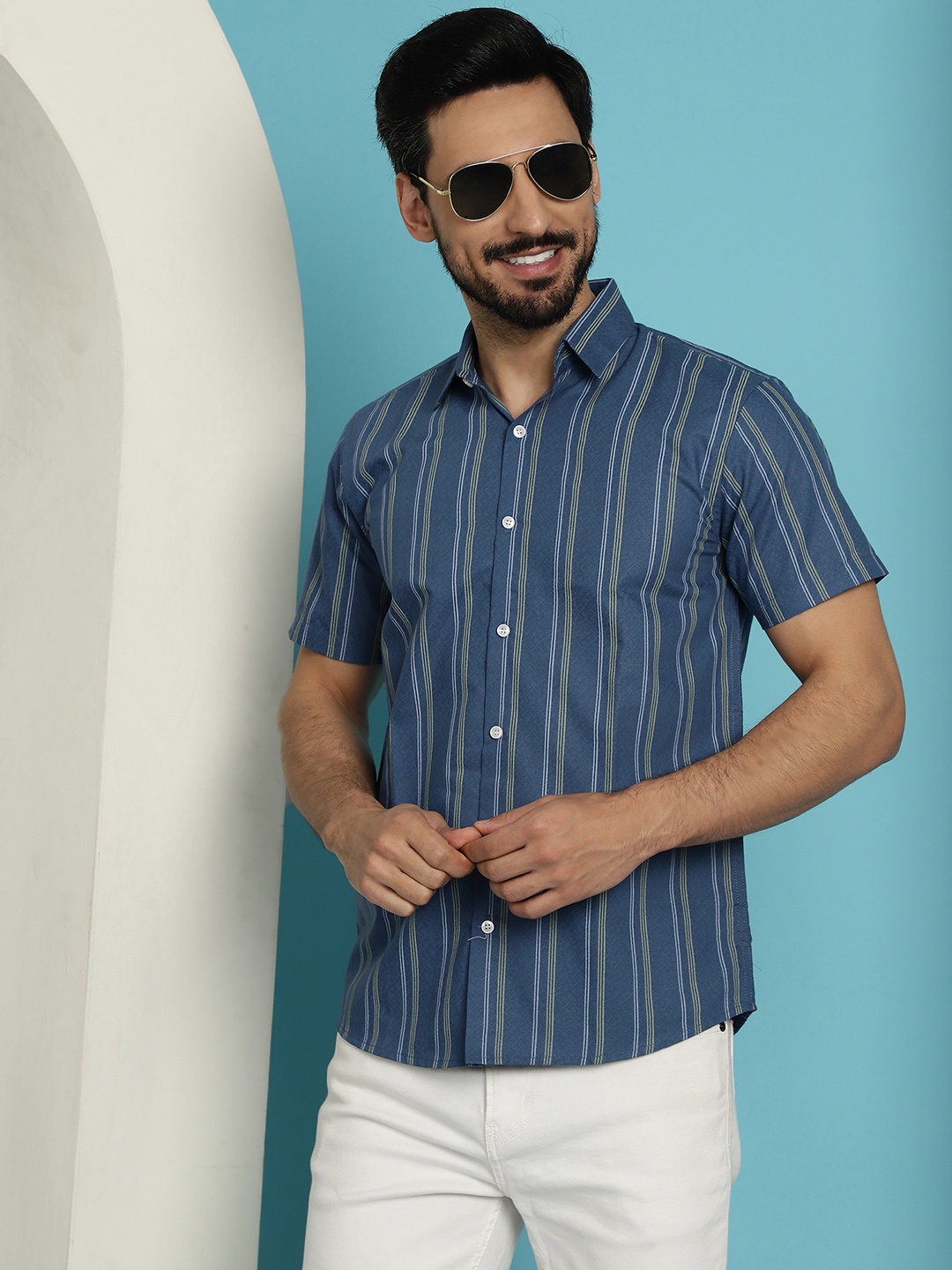 

Indian Needle Classic Vertical Striped Cotton Casual Shirt, Blue