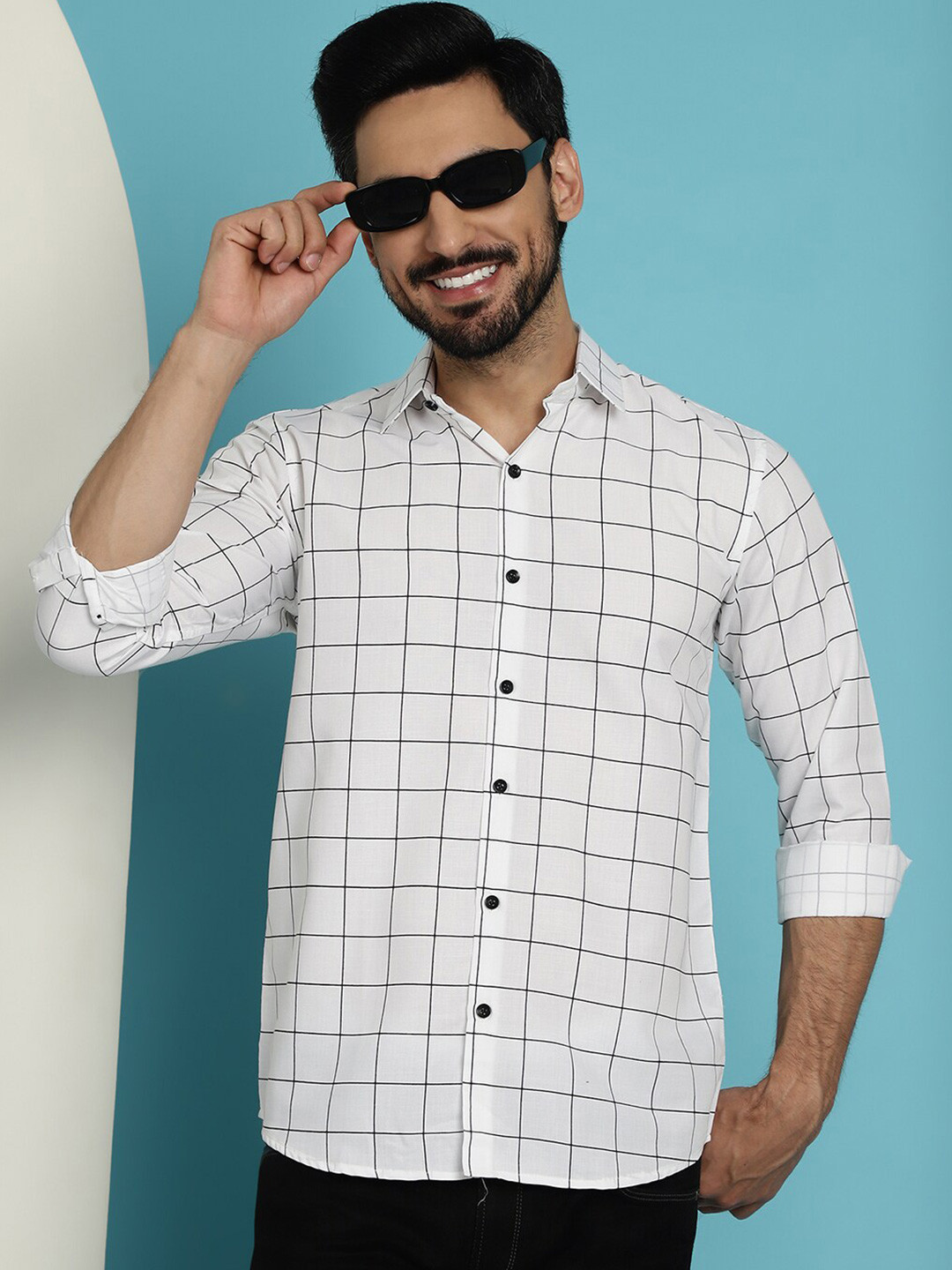 

Indian Needle Classic Windowpane Checked Cotton Casual Shirt, White