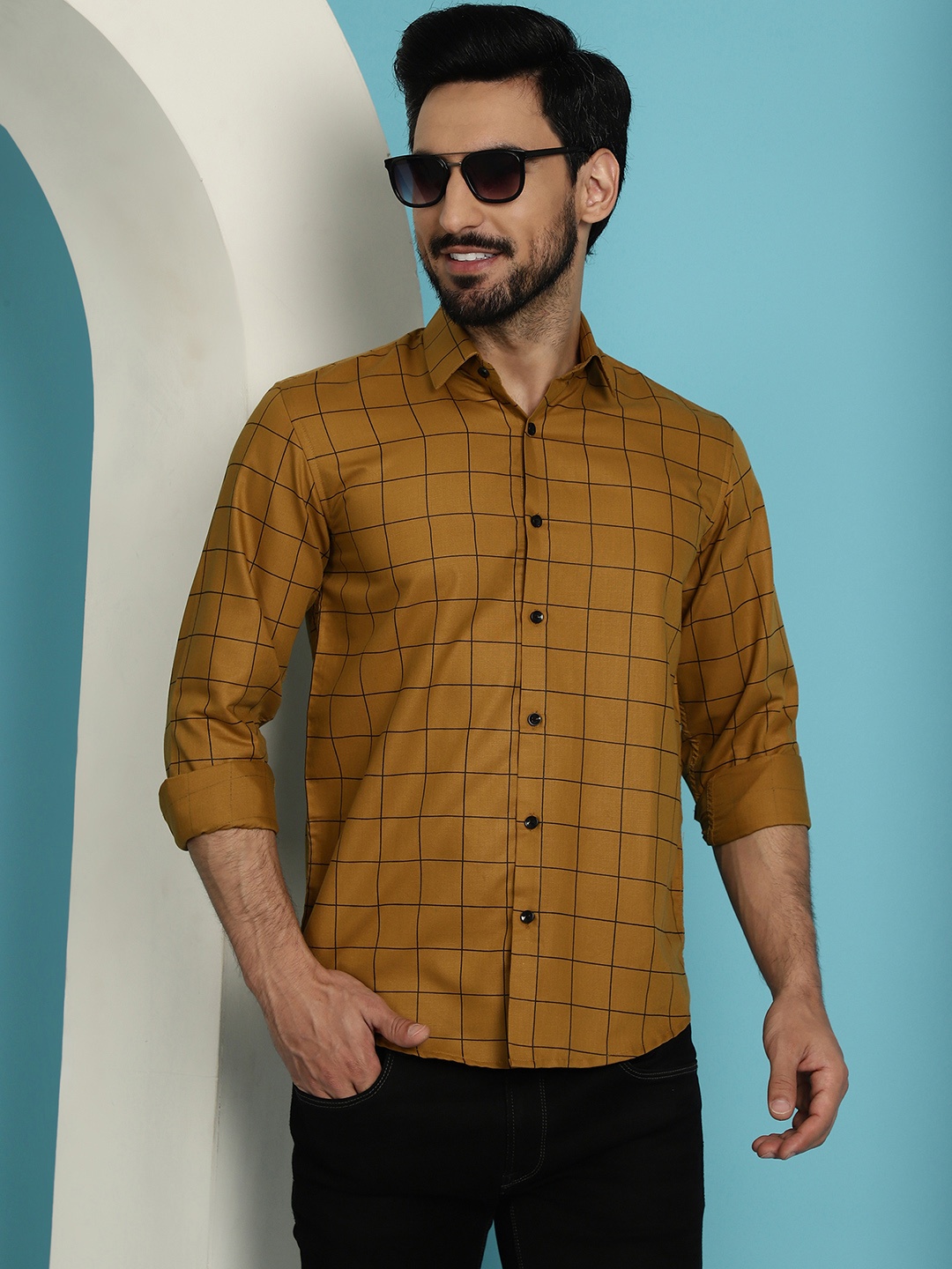 

Indian Needle Classic Windowpane Checks Cotton Casual Shirt, Mustard