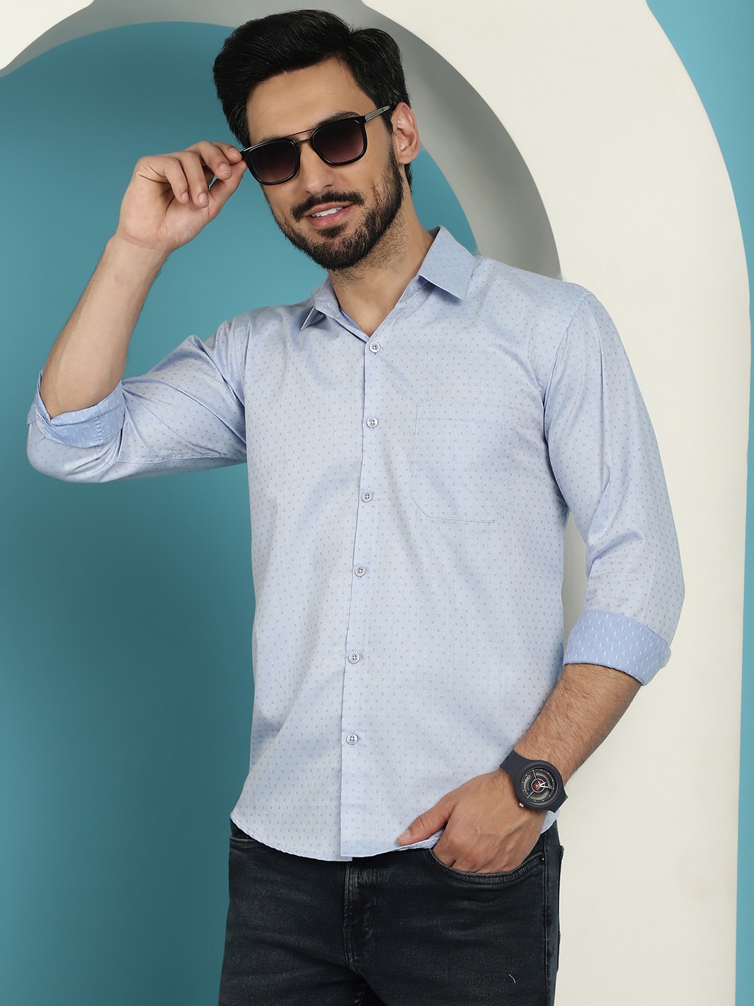 

Indian Needle Classic Printed Spread Collar long Sleeves Formal Shirt Shirt, Blue