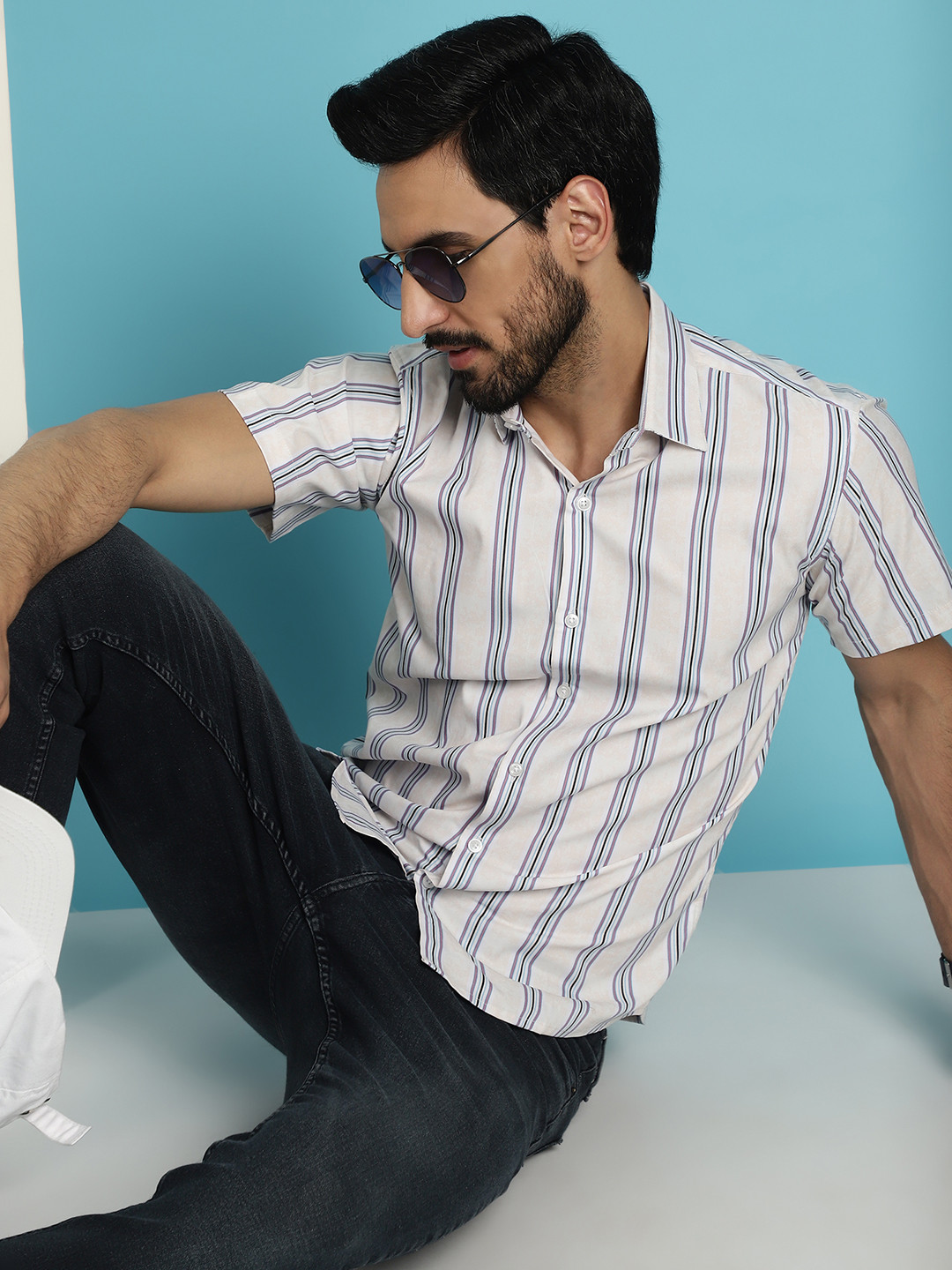 

Indian Needle Classic Striped Short Sleeves Cotton Casual Shirt, Cream
