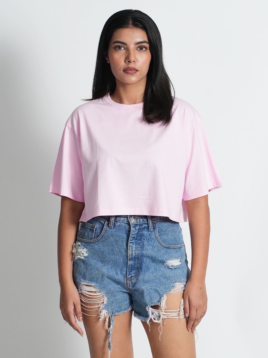 

Bloopers Store Drop-Shoulder Sleeves Oversized Crop T-shirt, Pink