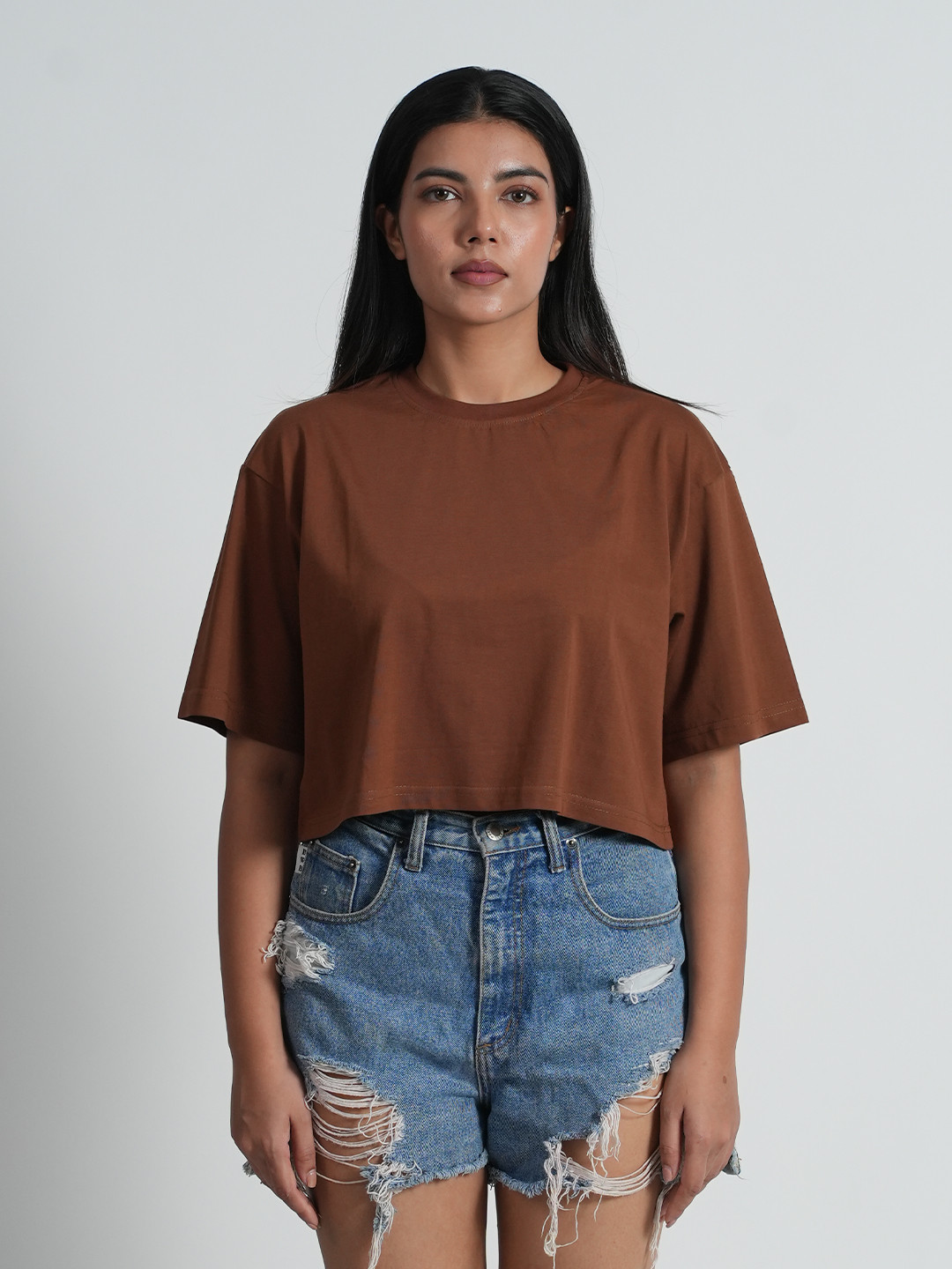 

Bloopers Store Drop-Shoulder Sleeves Oversized Crop T-shirt, Brown