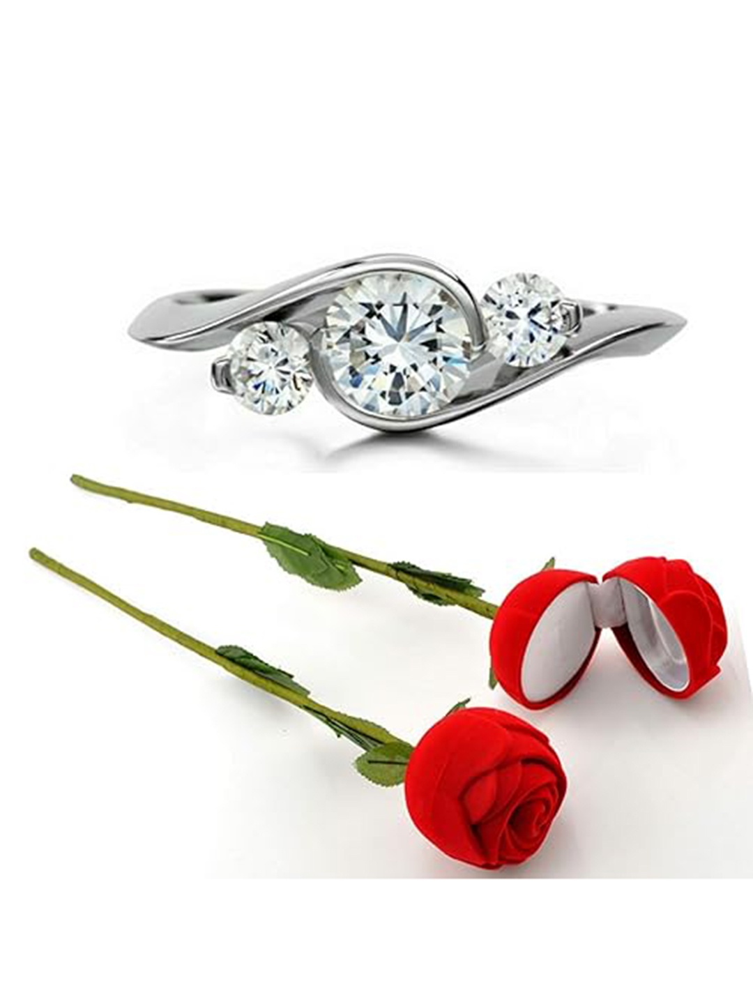 

Vighnaharta Rhodium-Plated CZ-Studded Finger Ring With Rose Box, Silver