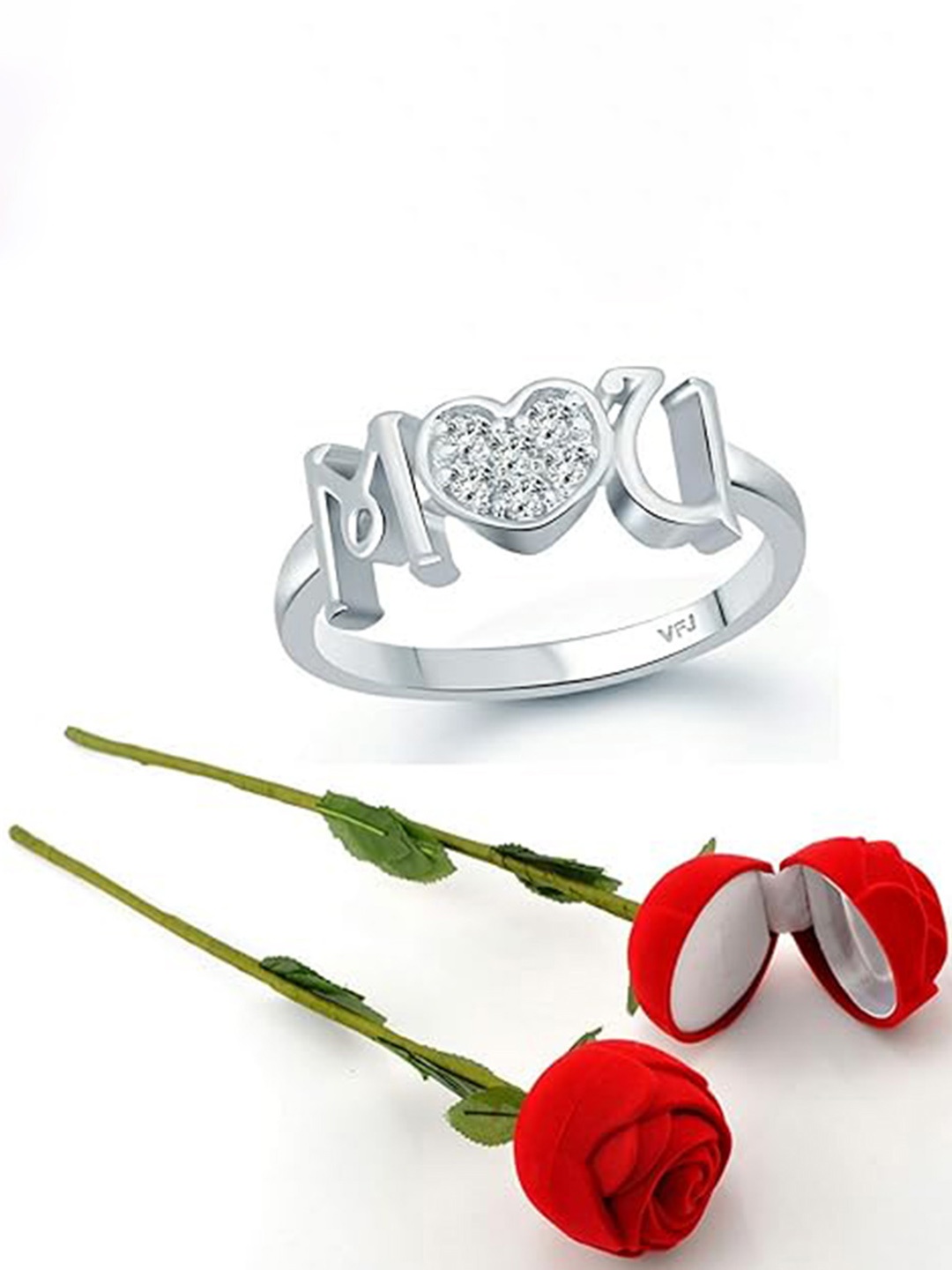 

Vighnaharta Rhodium-Plated CZ-Studded Finger Ring With Rose Box, Silver