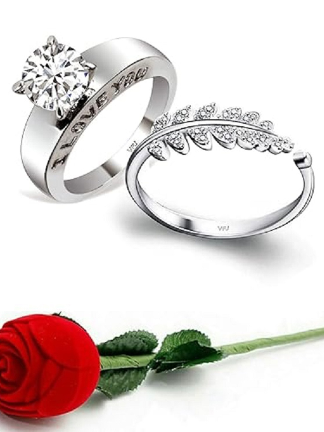 

Vighnaharta Set Of 2 Rhodium-Plated CZ-Studded Finger Ring With Rose Box, Silver