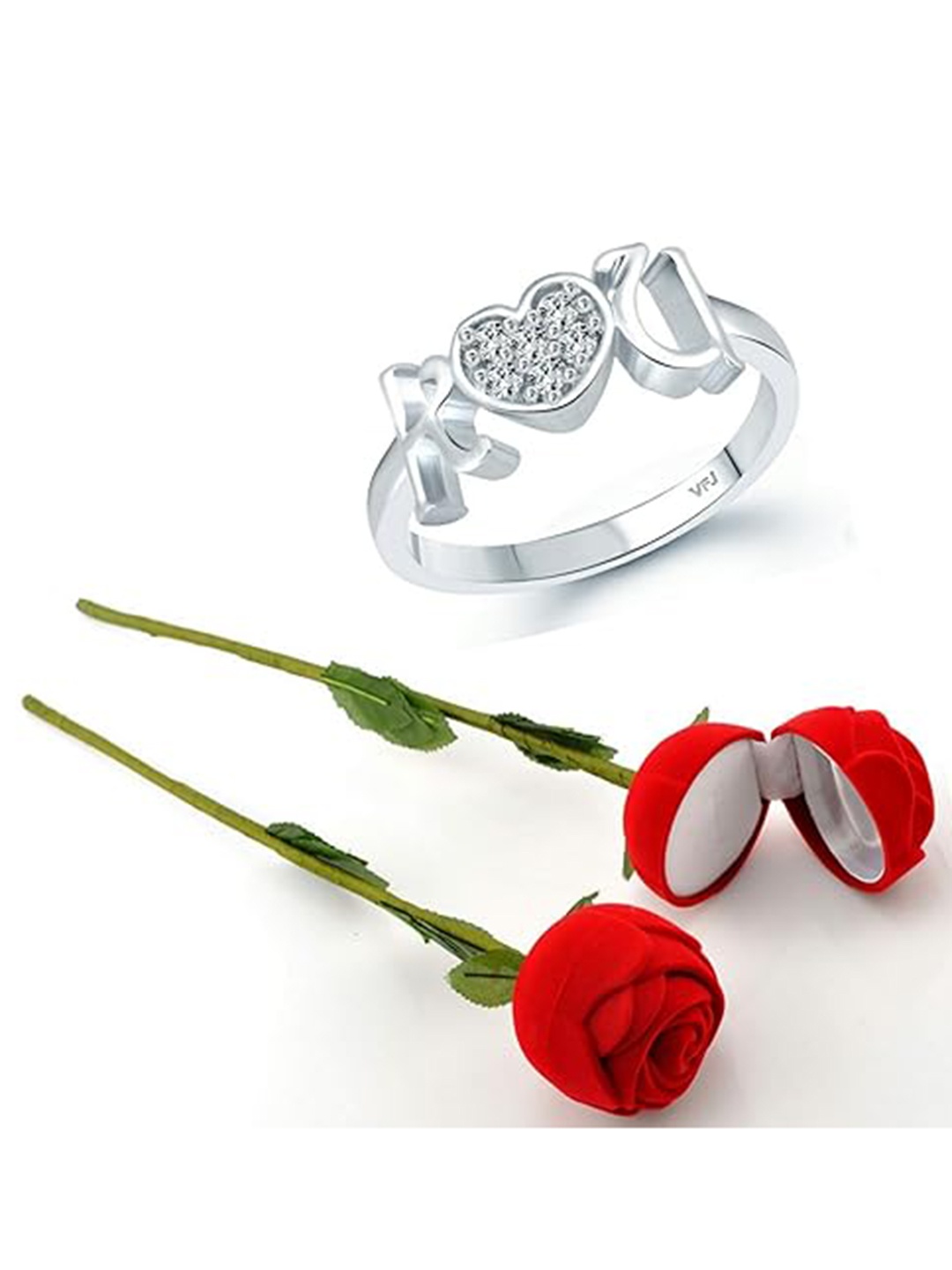 

Vighnaharta Rhodium-Plated CZ-Studded Finger Ring With Rose Box, Silver