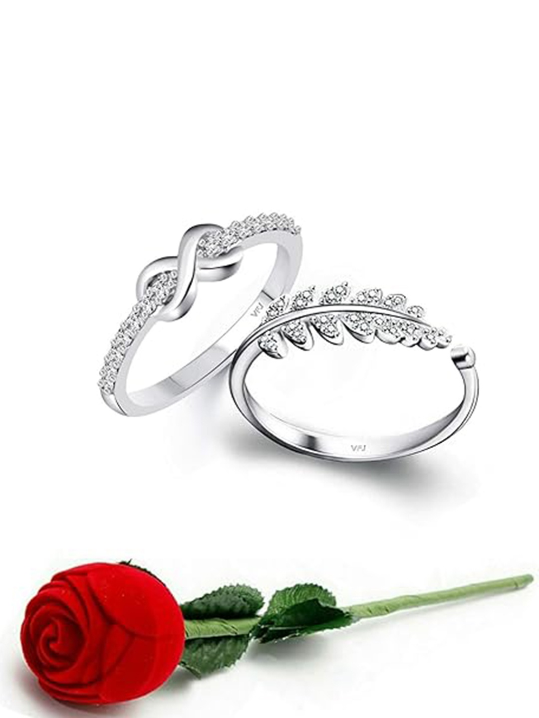 

Vighnaharta Set Of 2 Rhodium-Plated CZ-Studded Finger Ring With Rose Box, Silver