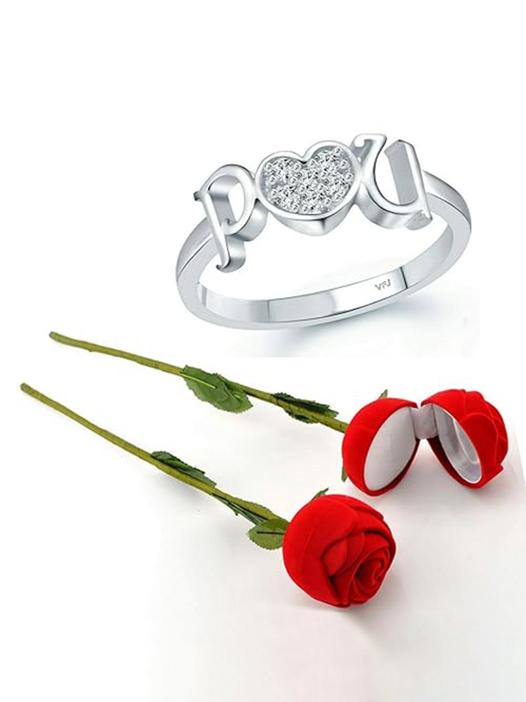 

Vighnaharta Rhodium-Plated CZ-Studded Finger Ring With Rose Box, Silver