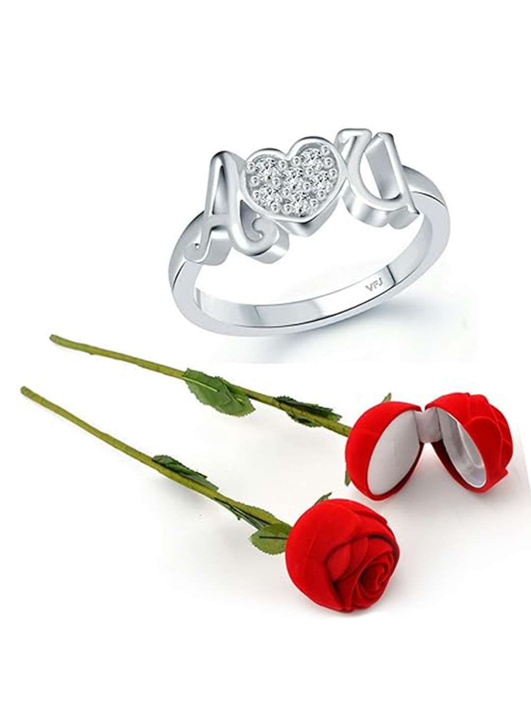 

Vighnaharta Rhodium-Plated CZ-Studded Finger Ring With Rose Box, Silver