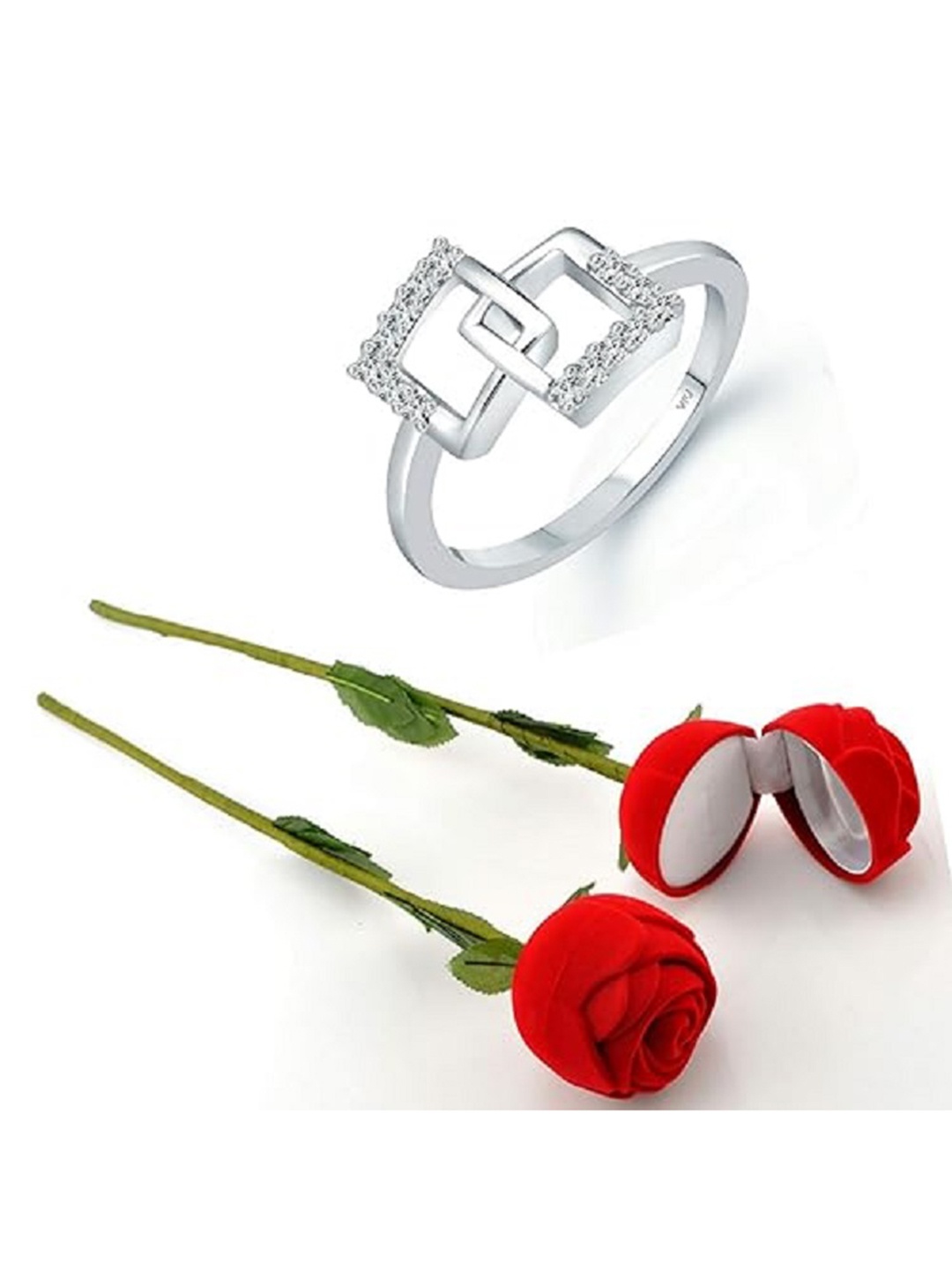 

Vighnaharta Rhodium-Plated CZ-Studded Finger Ring With Rose Box, Silver
