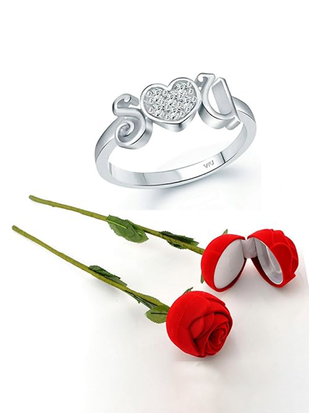 

Vighnaharta Rhodium-Plated Cubic Zirconia-Studded Finger Ring With Rose Box, Silver