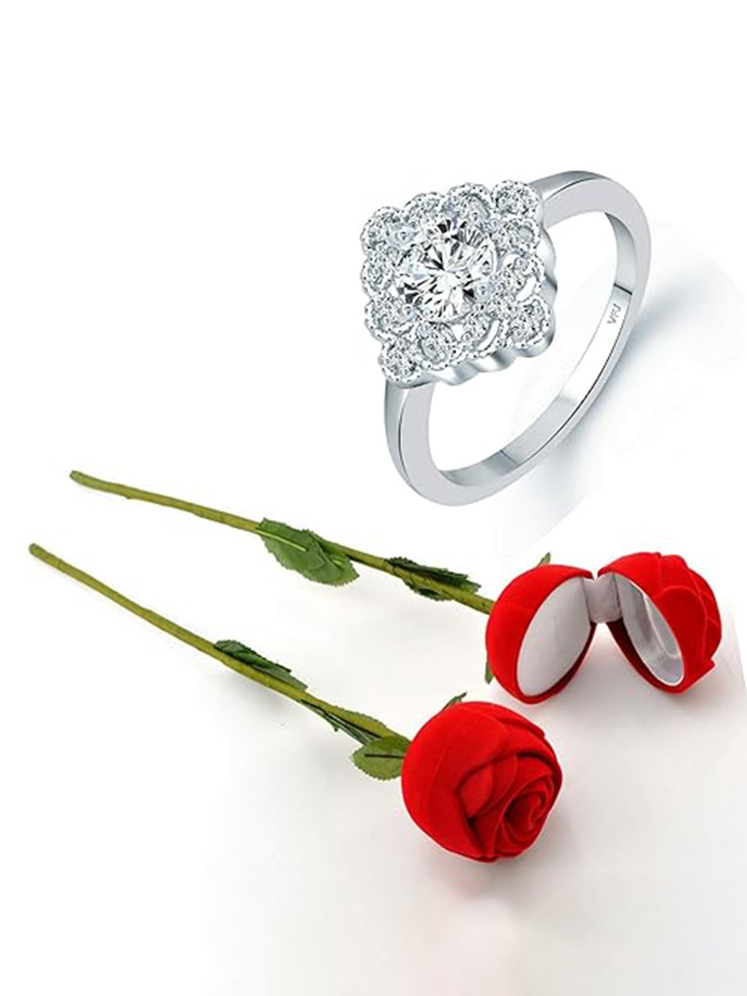 

Vighnaharta Rhodium-Plated CZ-Studded Finger Ring With Rose Box, Silver