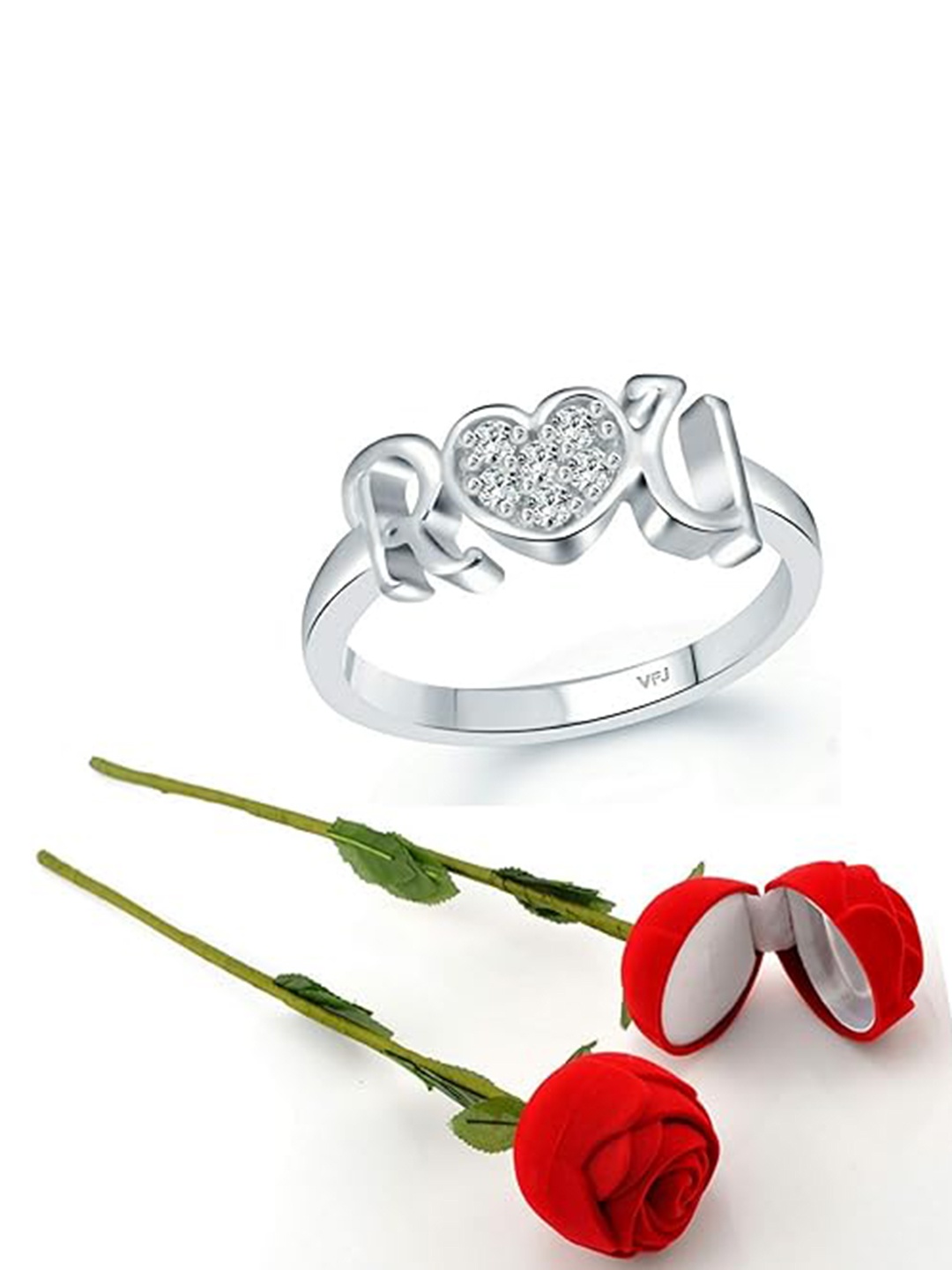 

Vighnaharta Rhodium-Plated CZ-Studded Finger Ring With Rose Box, Silver