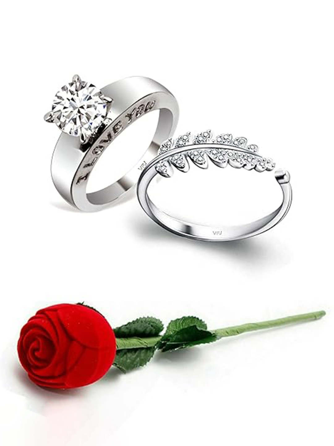

Vighnaharta Set Of 2 Rhodium-Plated CZ-Studded Finger Ring With Rose Box, Silver