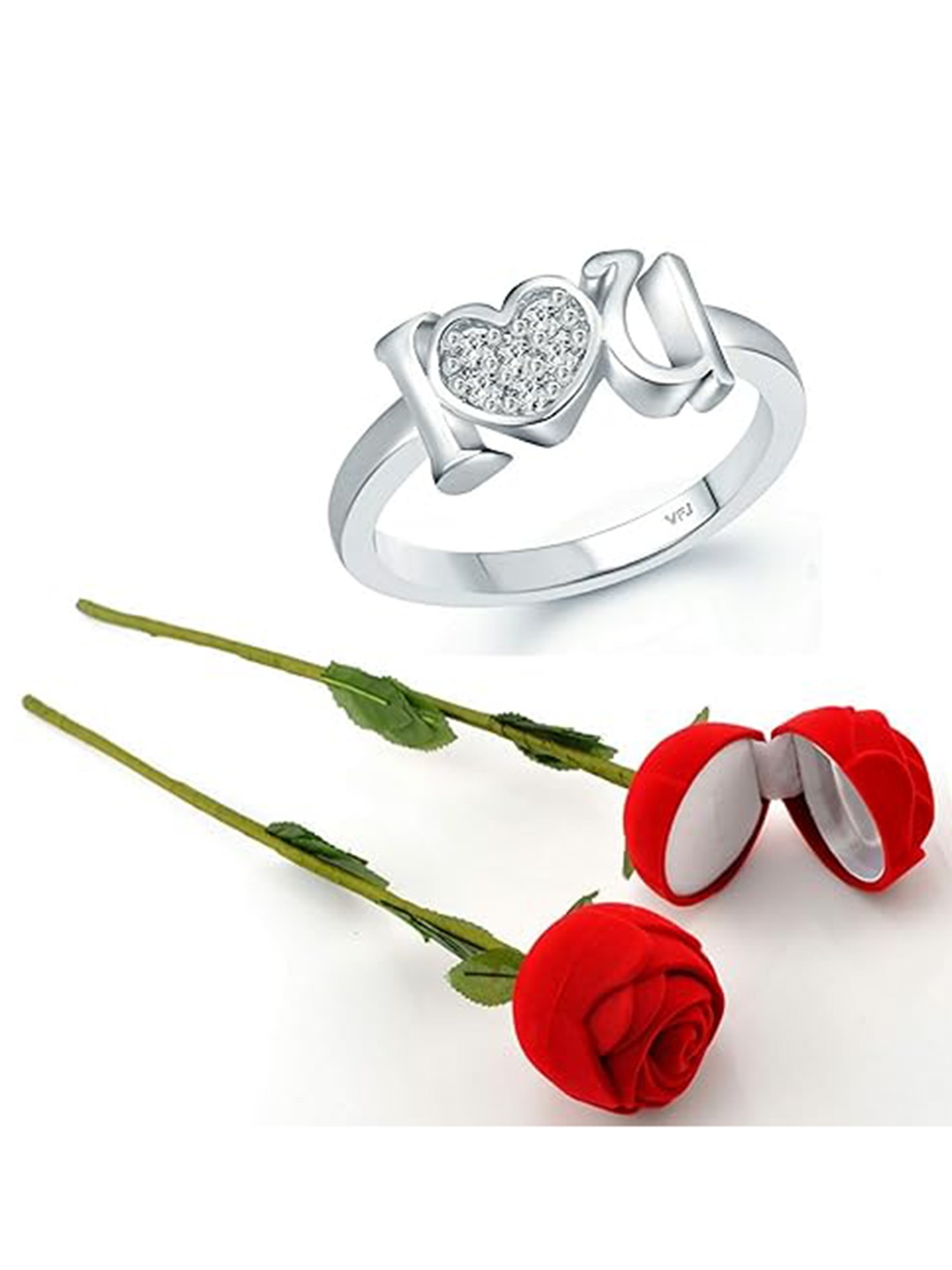 

Vighnaharta Rhodium-Plated CZ-Studded Finger Ring With Rose Box, Silver