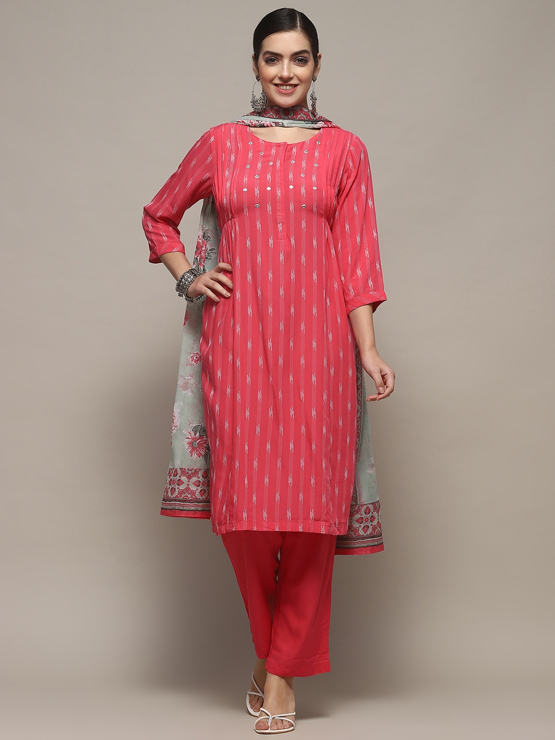 

Biba Striped Printed Regular Straight Kurta with Trousers & Dupatta, Coral