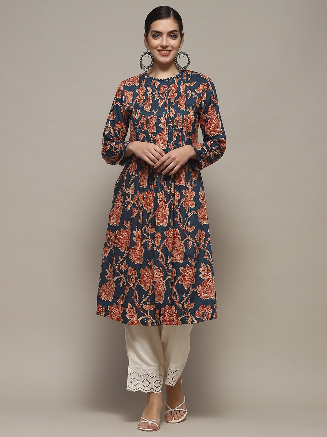 

Biba Floral Printed Round Neck Long Sleeves Cotton A-Line Kurta, Blue