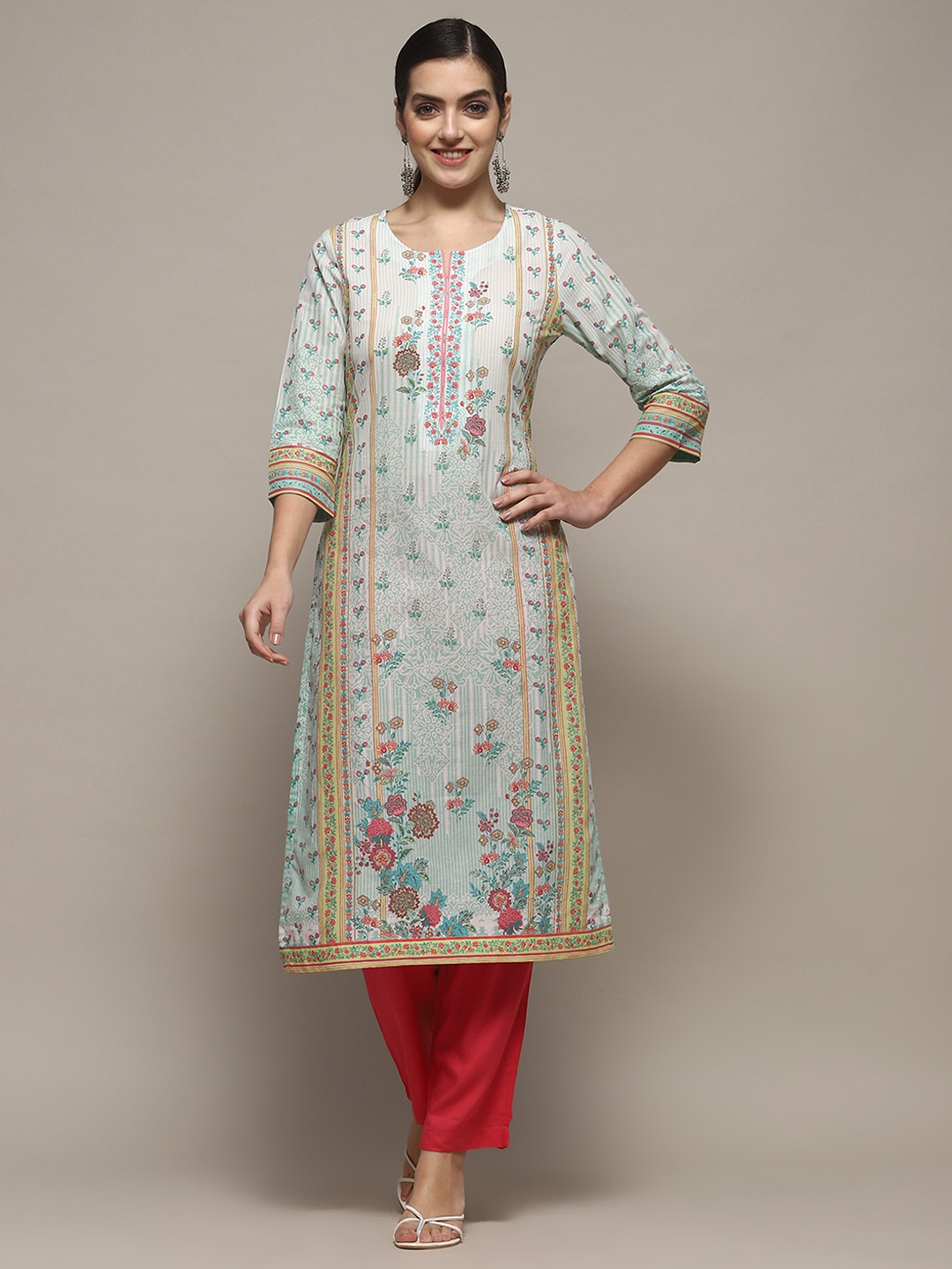 

Biba Floral Printed Round Neck Cotton Straight Kurta, Green