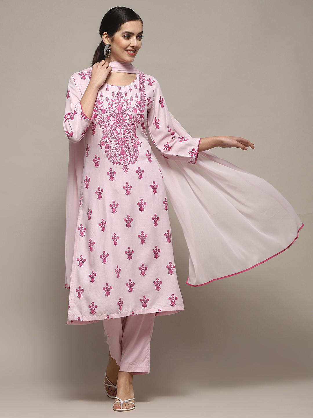 

Biba Ethnic Motifs Printed Round Neck Regular Kurta with Trousers & Dupatta, Pink