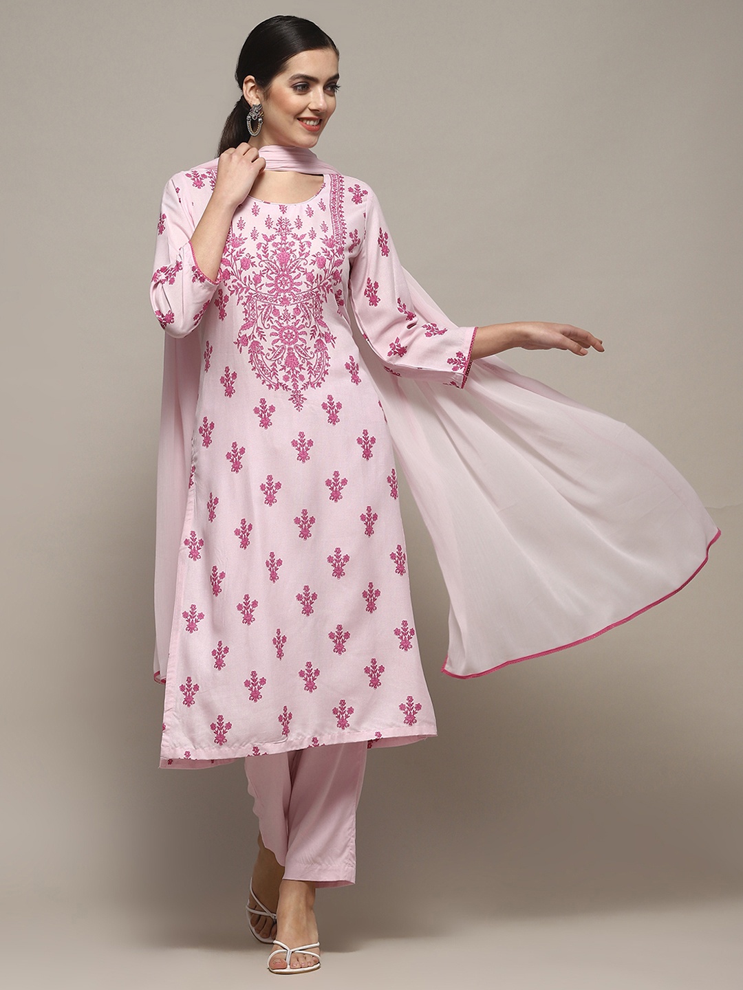 

Biba Ethnic Motifs Printed Round Neck Regular Kurta with Trousers & Dupatta, Pink