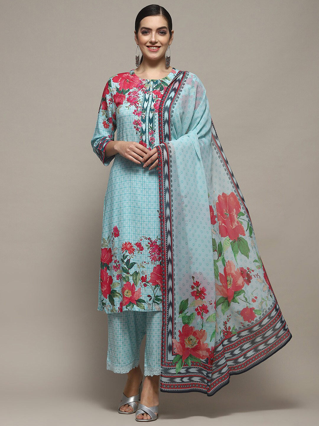 

Biba Floral Printed Round Neck Three Quarter Sleeves Kurta with Palazzos & Dupatta, Turquoise blue