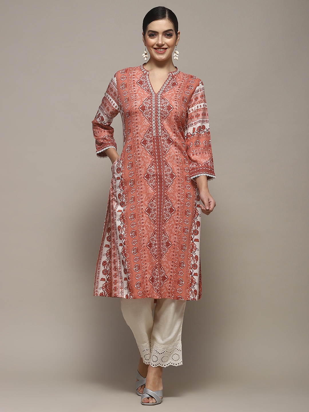 

Biba Ethnic Motifs Printed Mandarin Collar Thread Work Straight Kurta, Pink