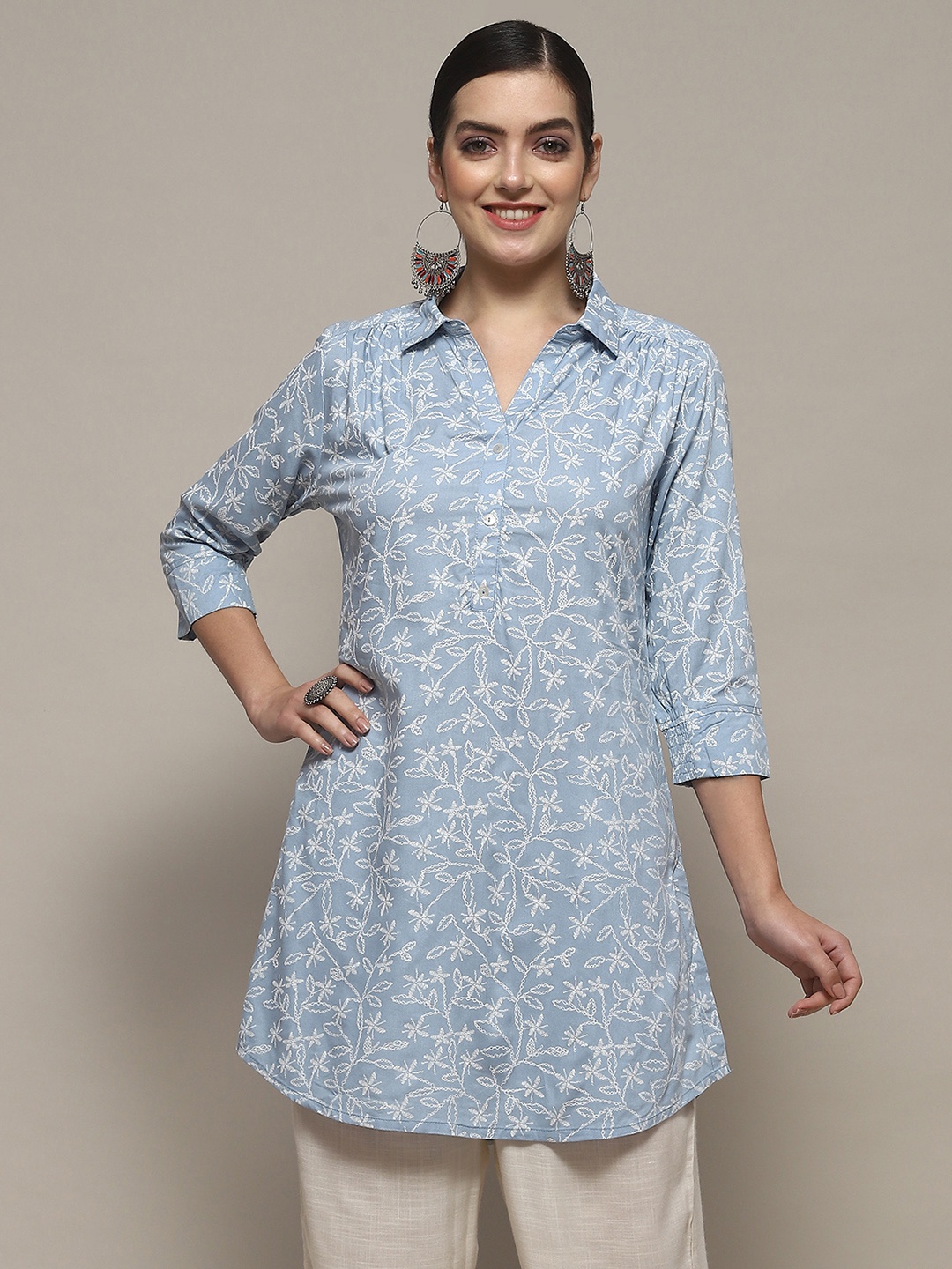 

Biba Floral Printed Shirt Collar Straight Kurta, Blue