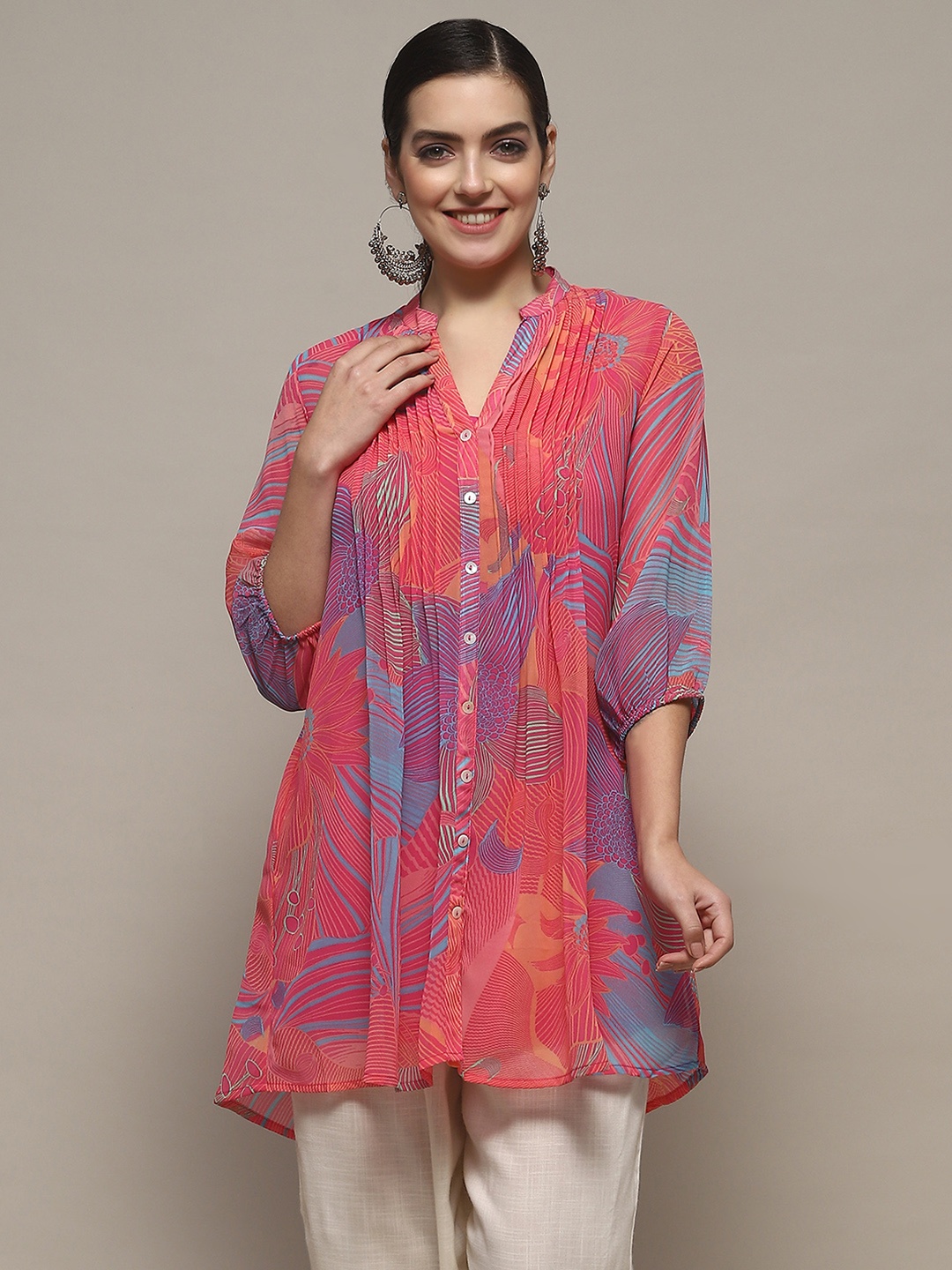 

Biba Mandarin Collar Tropical Printed Tunic With Inner, Pink