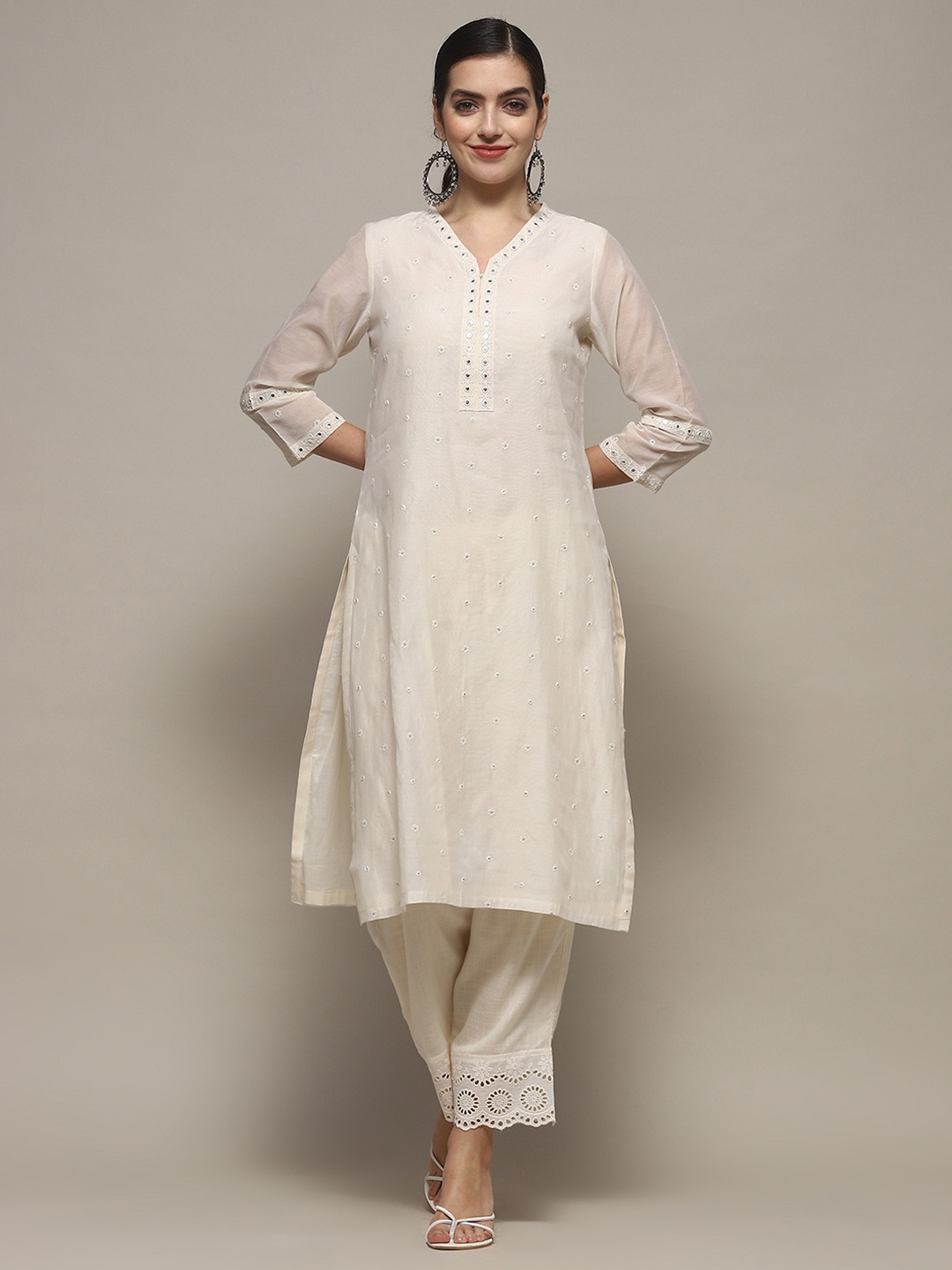 

Biba V-Neck Yoke Design Sequinned A-Line Kurta, White