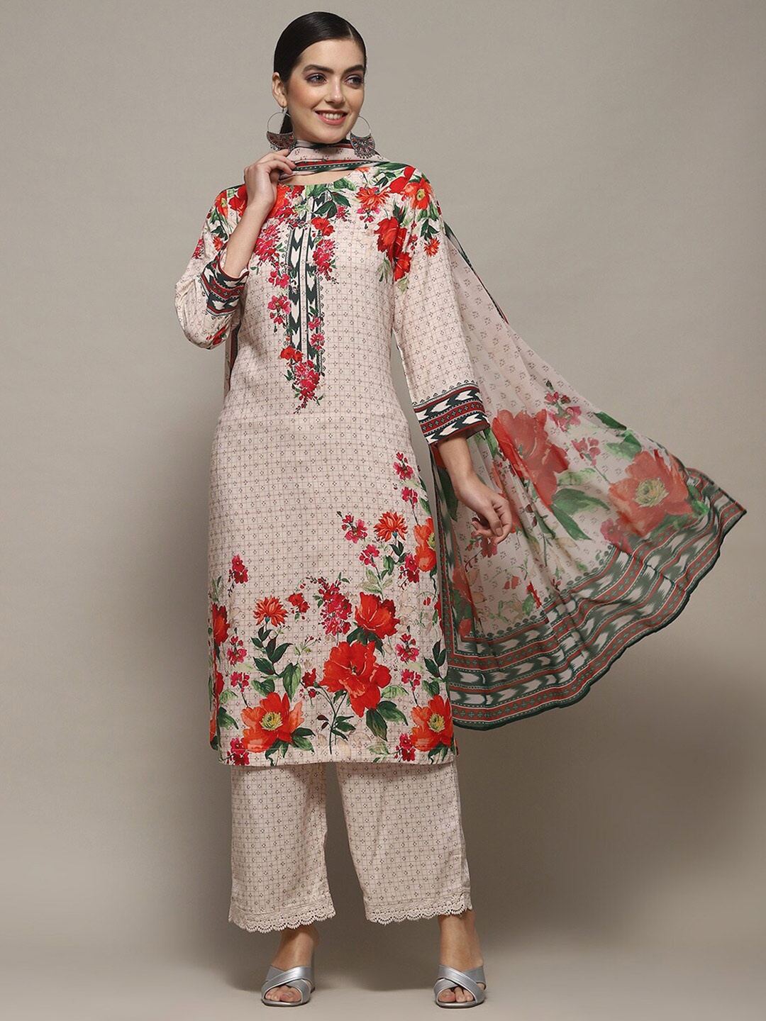 

Biba Floral Printed Regular Round Neck Straight Kurta with Palazzos & Dupatta, Beige