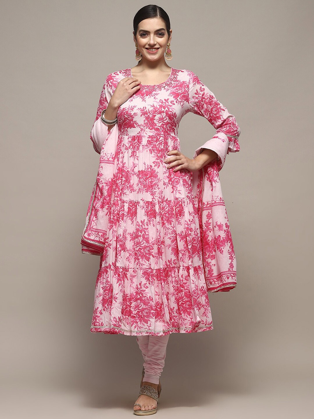 

Biba Floral Printed Round Neck Pure Cotton Anarkali Kurta with Churidar & Dupatta, Pink
